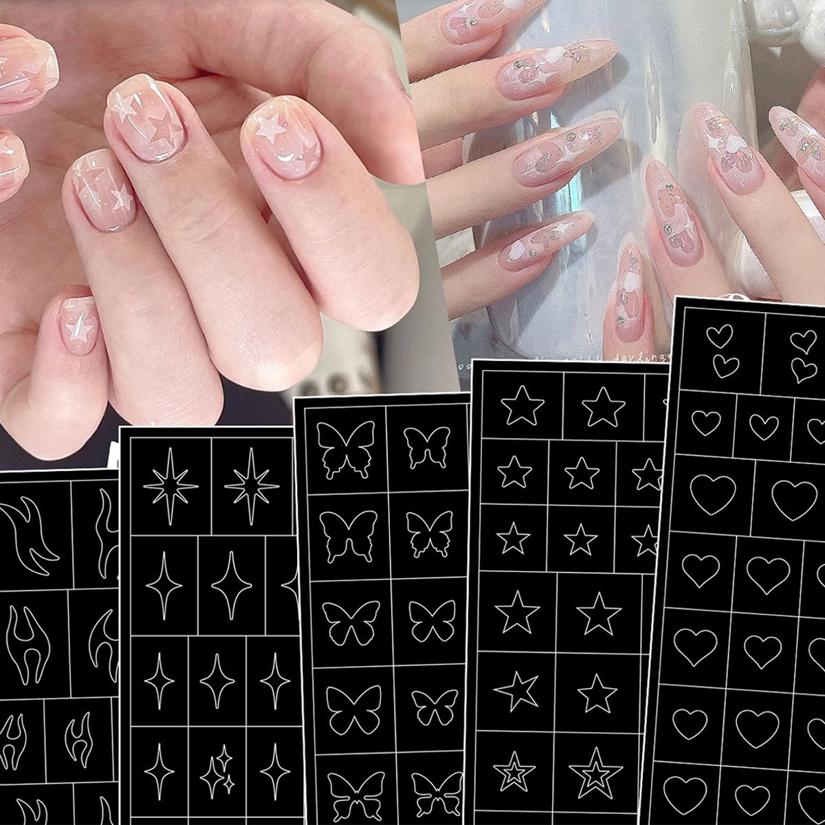 6 Sheets Airbrush Nail Stencils Heart Butterfly Flowers Flame Star Nail Art S…
