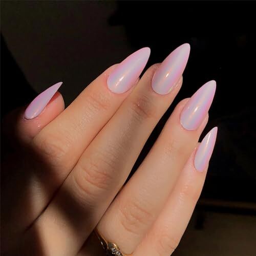 Chrome Press on Nails Almond, Medium Length Glazed Unicorn Nails Pastel Pink