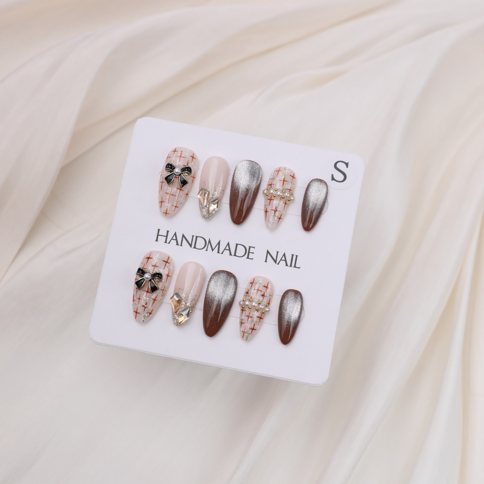 Medium Almond Press On Nails Nude Brown Plaid Bow Pearl Glitter Party Nail Set