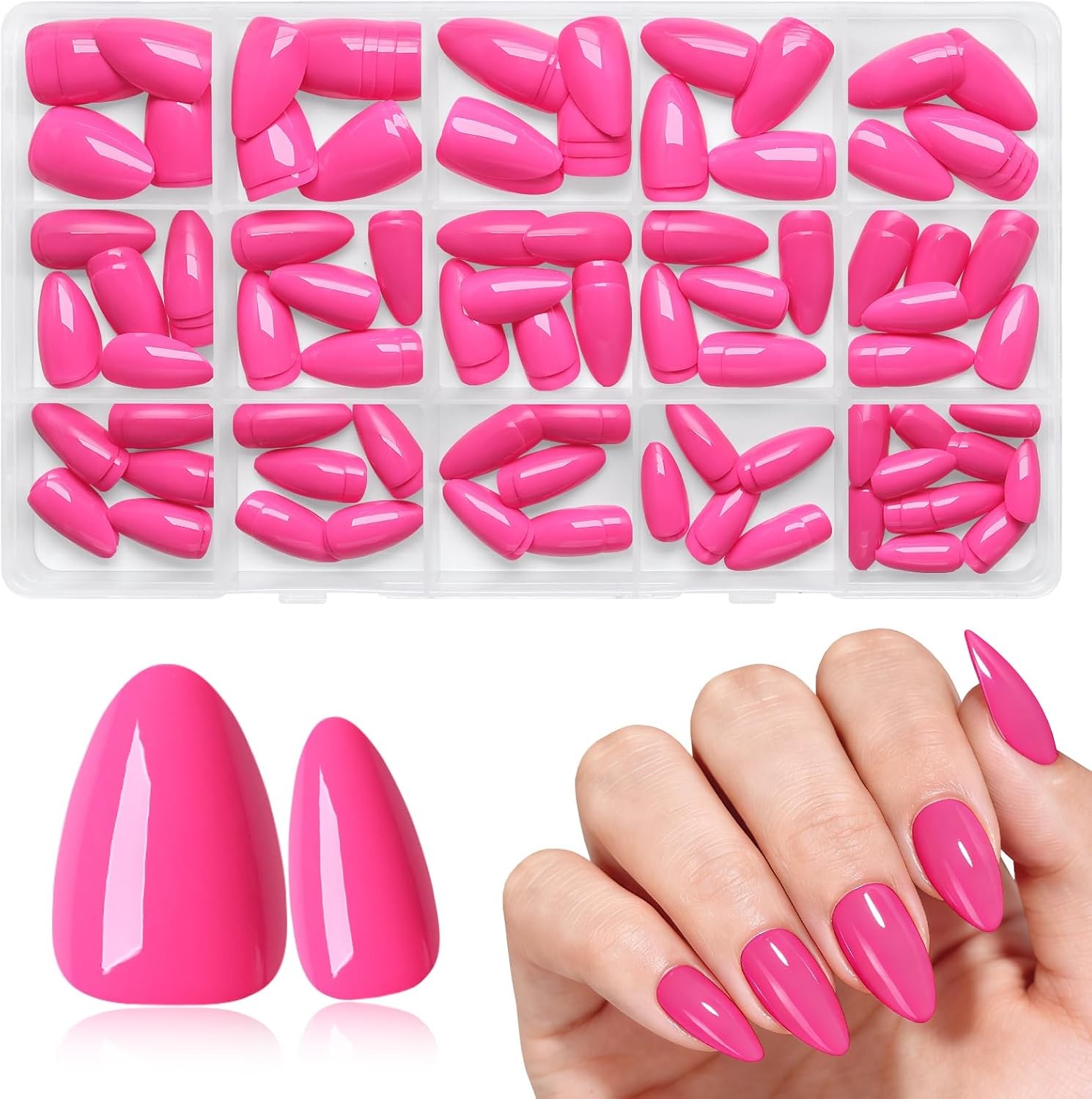 160Pcs Press on Nails Short Almond – Hot Pink Nails Press ons with 5 Pieces Jell