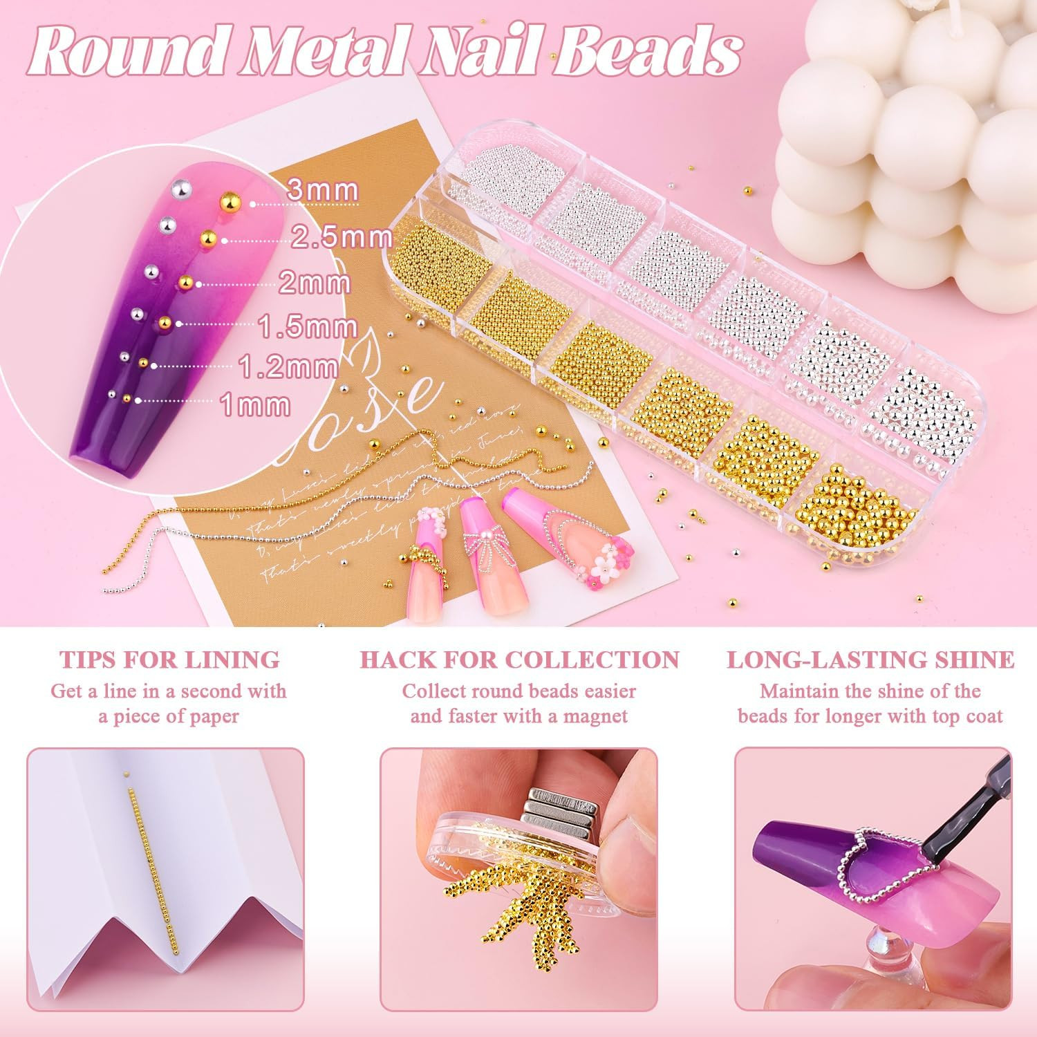 Mini Metal Nail Beads Caviar Charms for Nail Art – Gold & Silver Gems