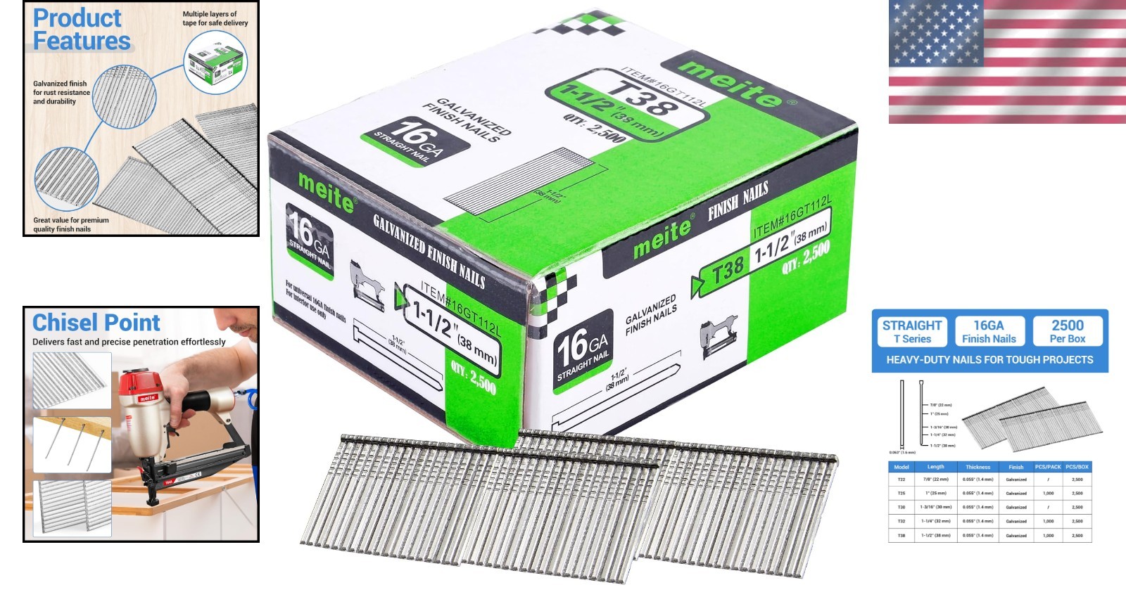 Durable 16 Gauge Galvanized Finish Nails 1-1/2 Inch – 2500 PCS for Nailer Guns