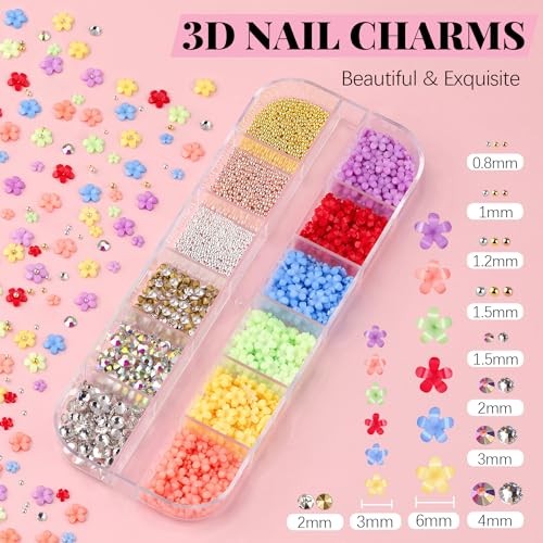 3D Flower Nail Charms and Gems, Cute 01-3 Boxes Nail Art Decos Set 1+Glue