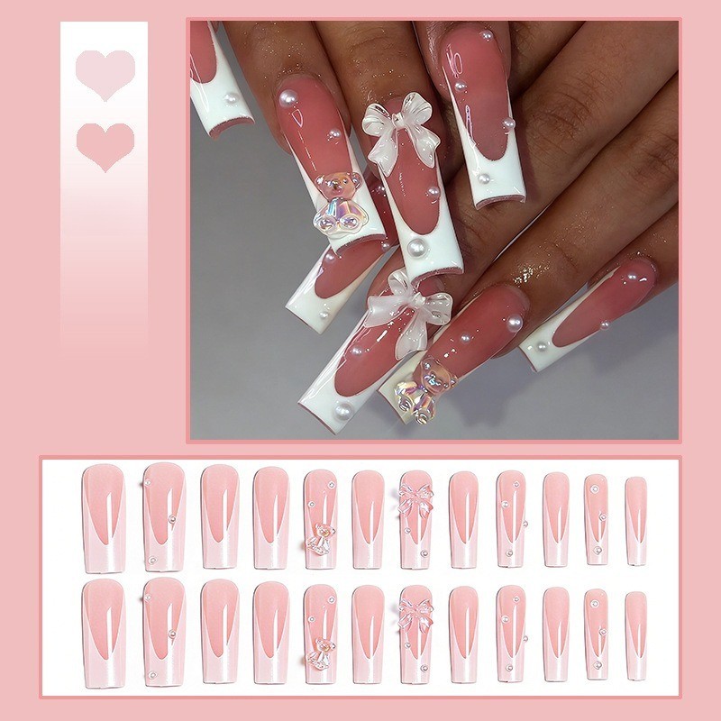 48pcs-Kawaii Long Coffin Nails with Nude Pink Base, White Tips and Bear Charms