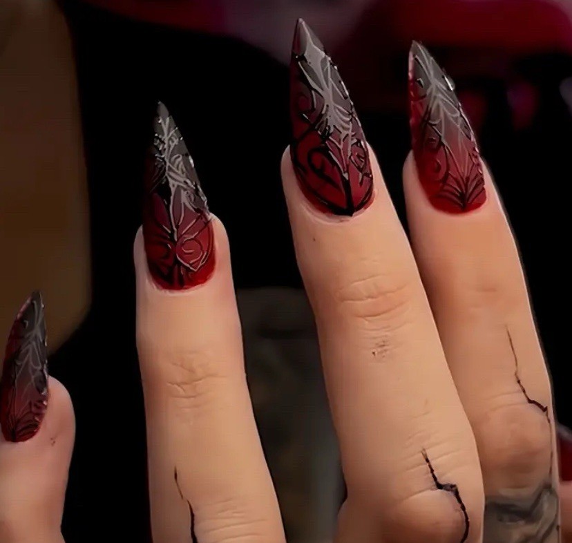24pc Punk Vampire Red Black Stiletto Almond Scroll Press On nails W Glue & Tabs