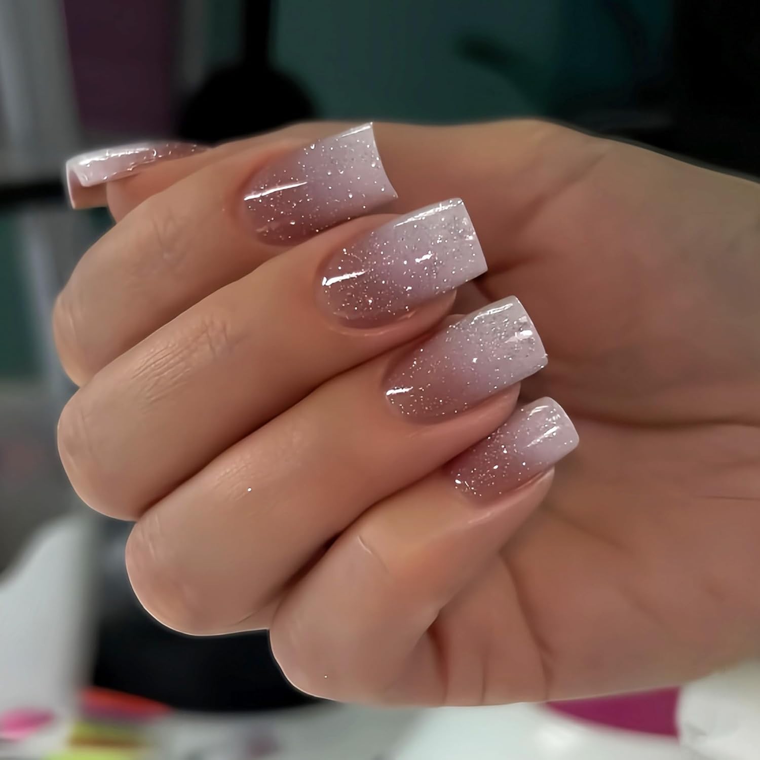 MERVF Square Press On Nails White Ombre French Tip Glitter Fake Nails Medium