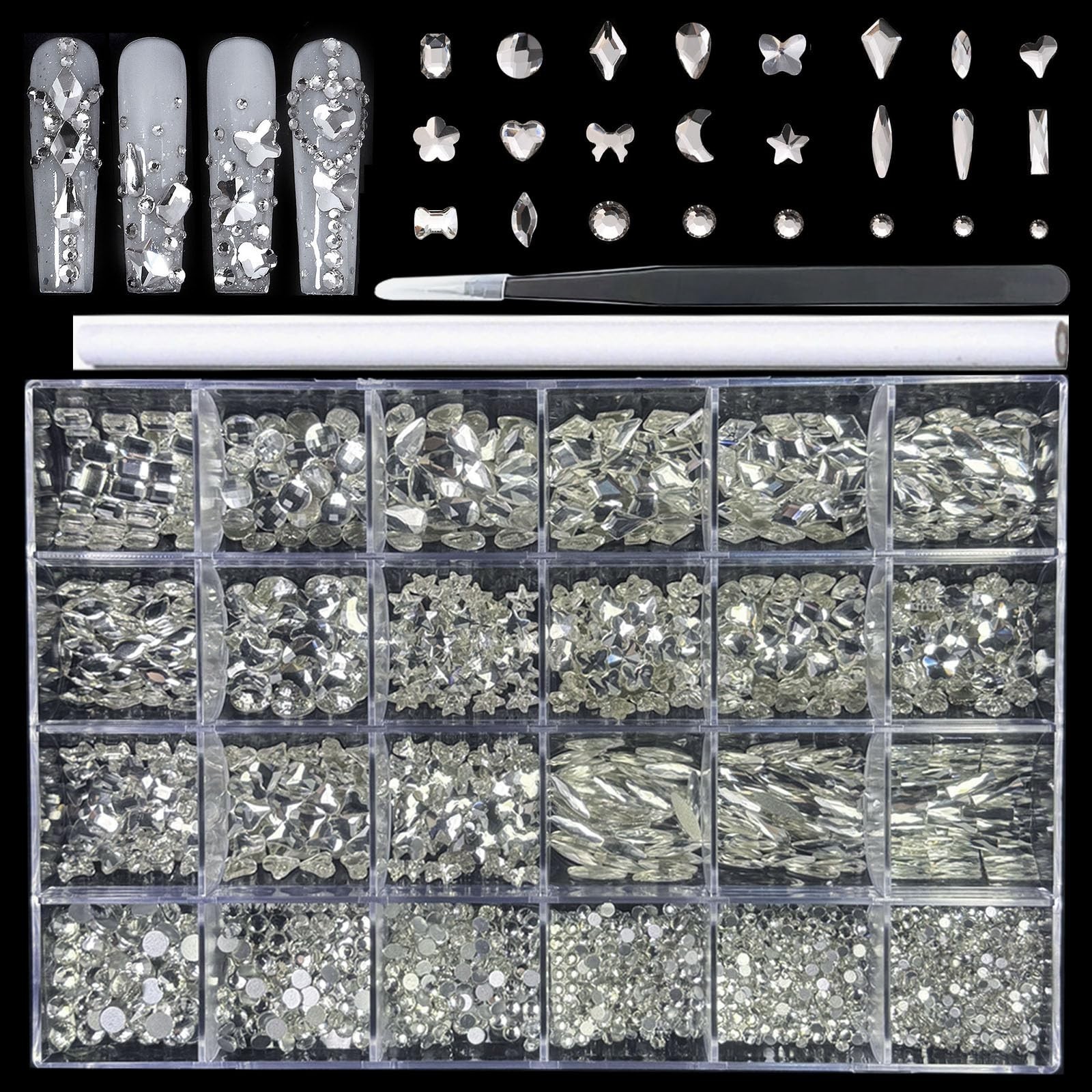 900 Special-Shaped Clear Nail Diamonds & 3200 Flat-Bottom Nail Rhinestones Set w