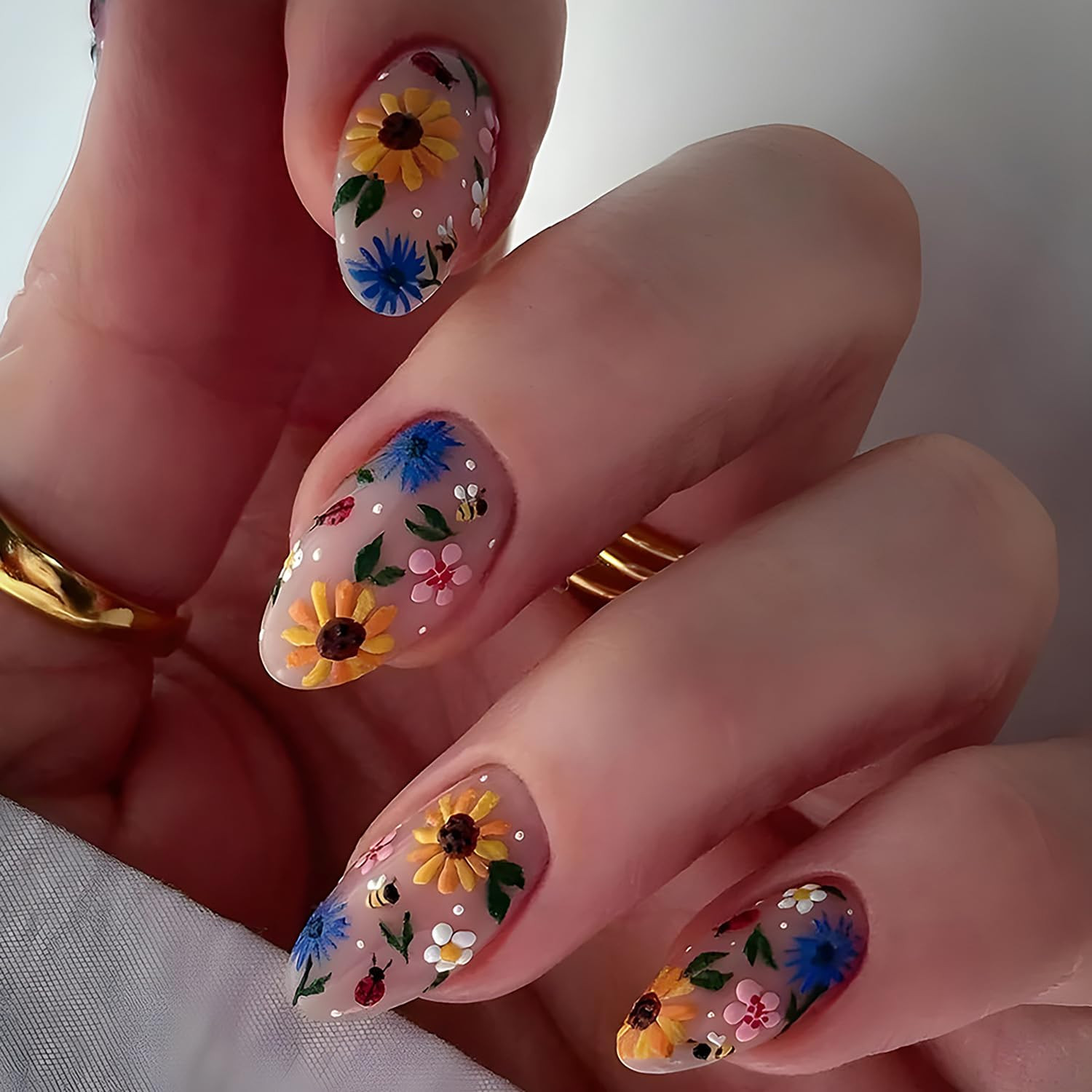 Flower Press on Nails Almond Medium Spring False Nails 3D Florals Design Full Co
