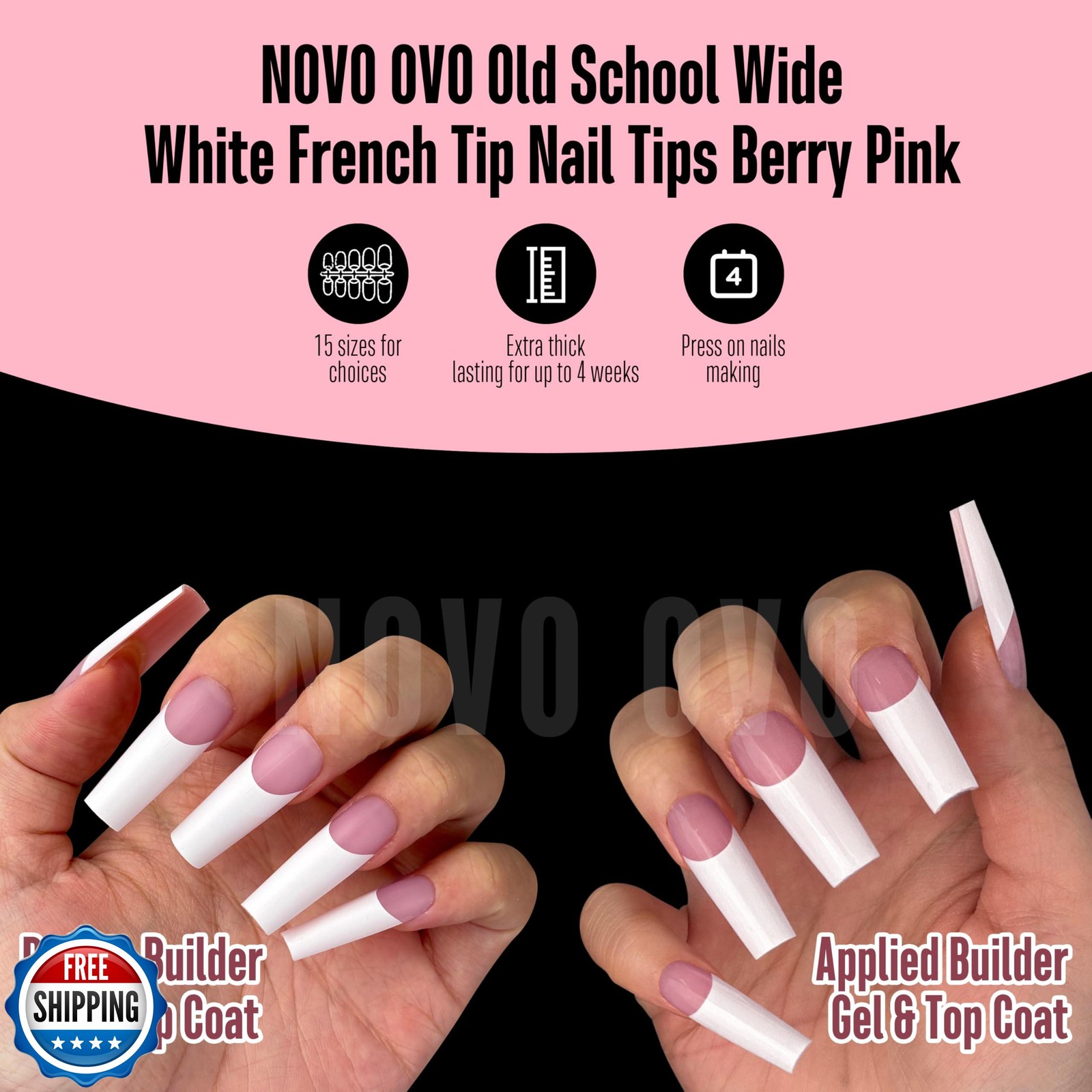NOVO OVO Old School Wide White French Tip Nail Tips Press on, Long Tapered Sq