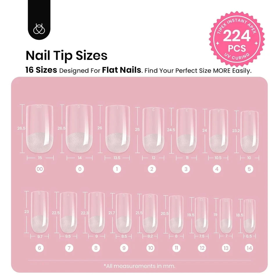 Beetles Tipex Nail Kit, Square Medium Nail Tips 224 Pcs 16 Sizes Pre-Etched Fake
