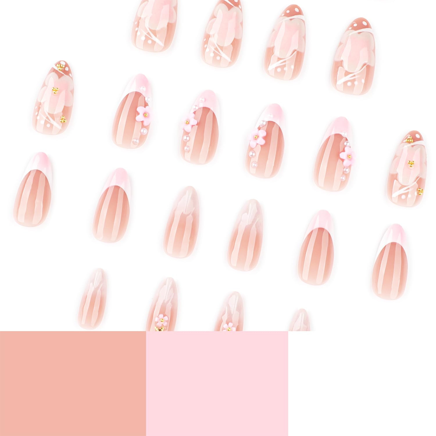 24Pcs White French Tip Press on Nails Short Almond Fake Nails with 3D Pink Flowe
