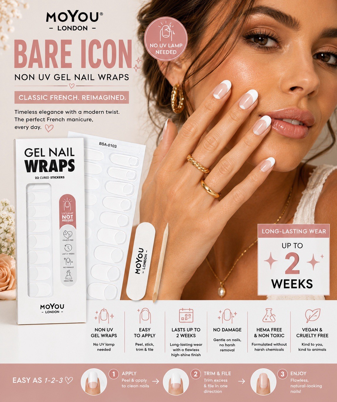 MOYOU LONDON BARE ICON NON UV GEL NAIL WRAPS CLASSIC FRENCH MANICURE WHITE NIP