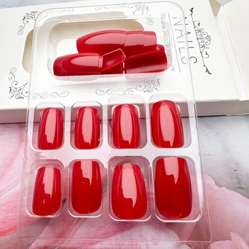 Red Press on Nails Short Square Fake Nails Classic Red Glossy Handmade color-2