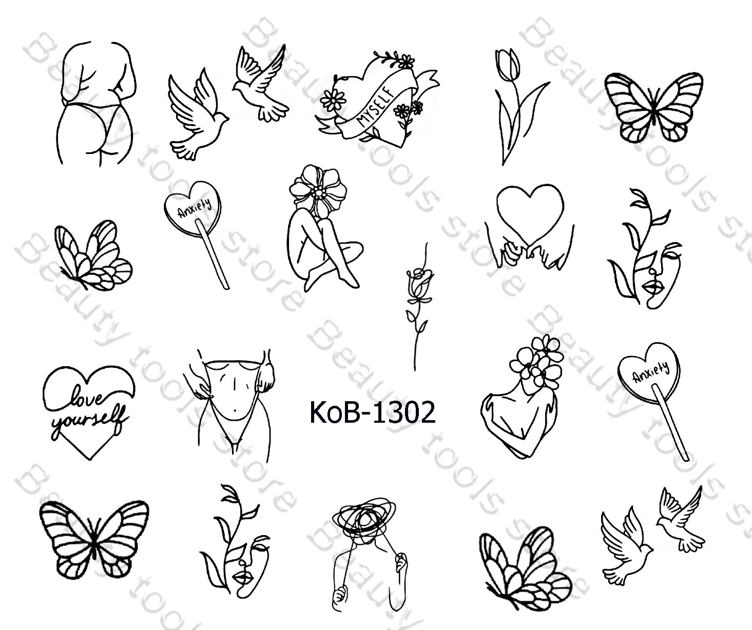 Nail Art Water Transfer Stickers women’s body heart butterfly rose KoB-1302