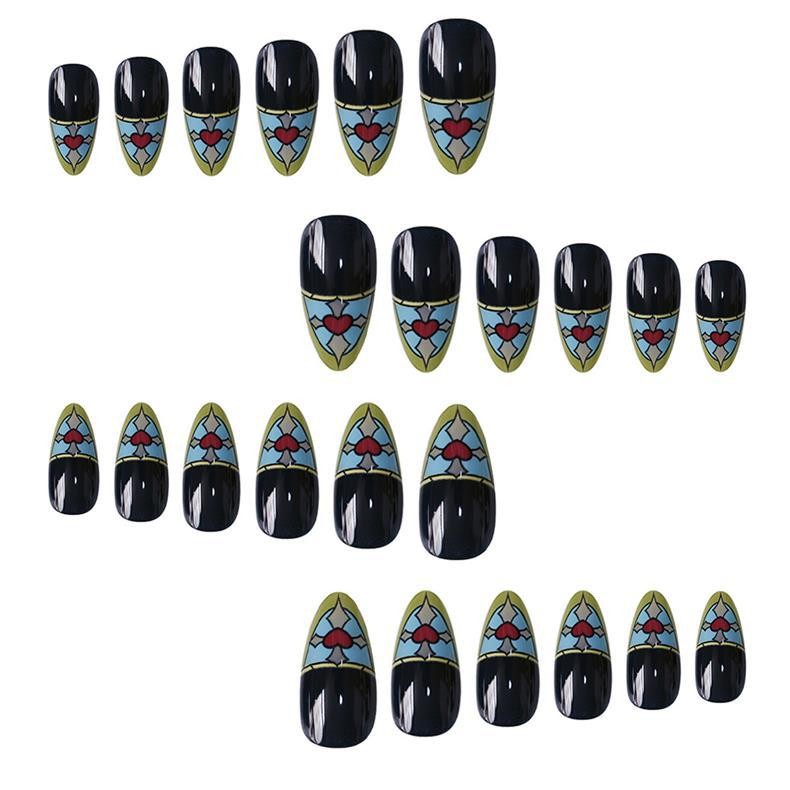 Almond Black Nails Stained Glass Heart Pattern Press On Nails Wholesale