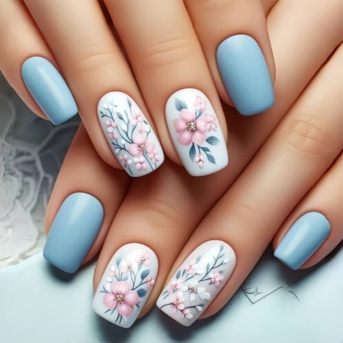 Pink Flowers Press on Nails – Short Square Spring Floral Fake Nails – Flowers 01