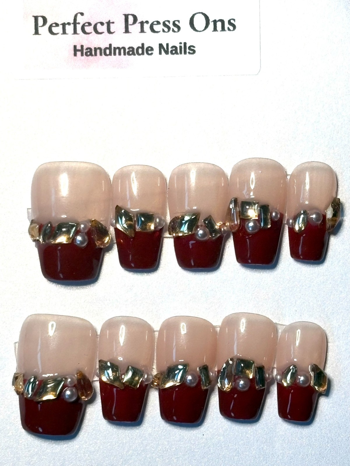 COUTURE HANDMADE DEEP BURGUNDY FRENCH & 3D ROYAL CROWN NAILS