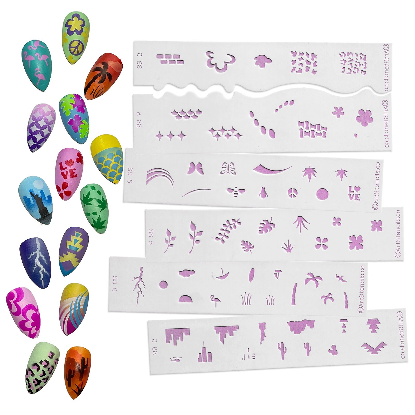 Airbrush Nail Art Design Stencil Strips 6 pc Set Florals and Scenes ss5