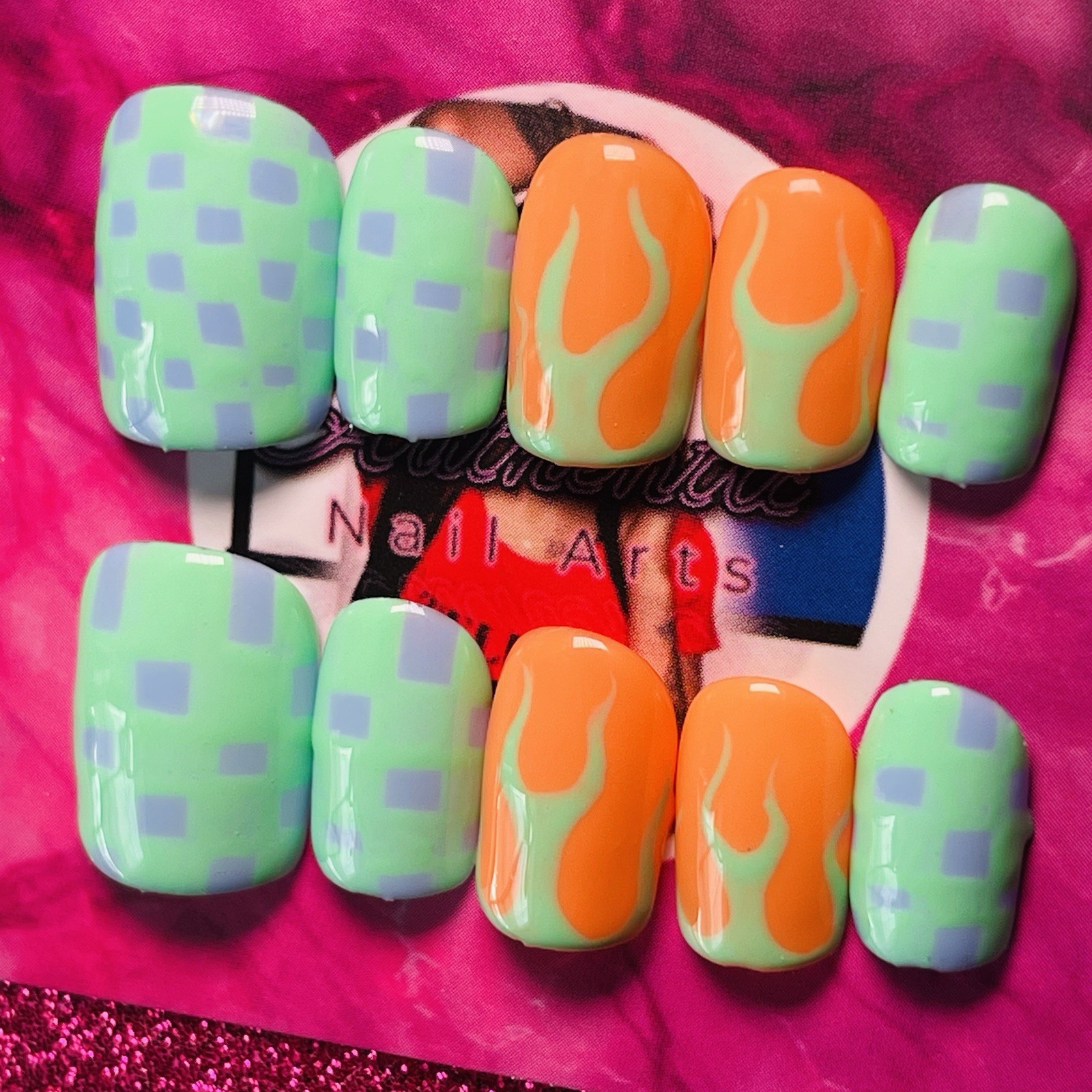 Authentic Nail Arts by Dia Square Press-On Nails Green Orange Purple Flames