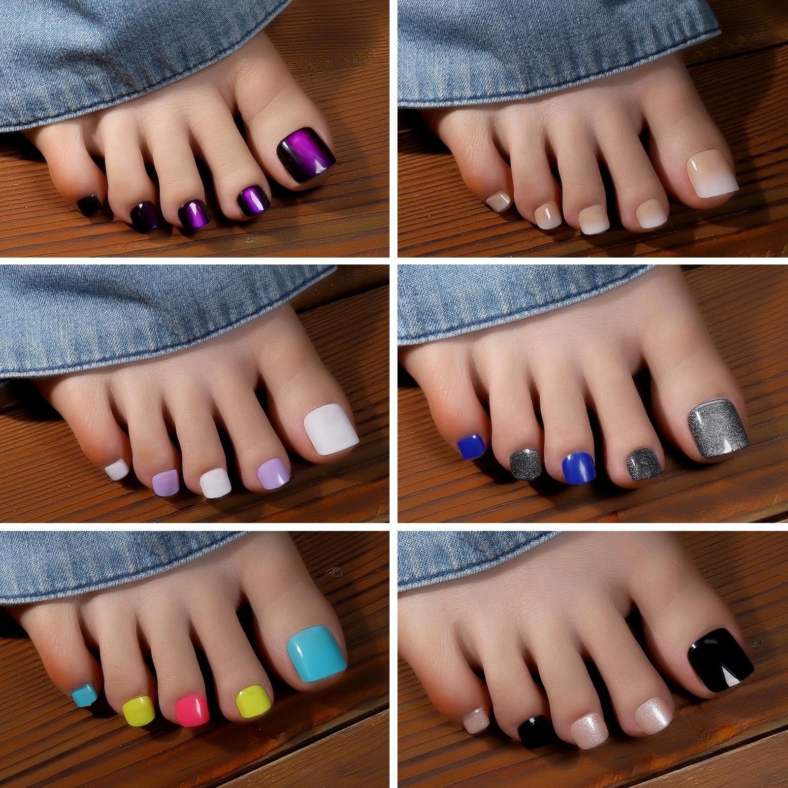 FANDAMEI Press On Toenails – 24 Colors Short Square, French Tips Cat Eye Toe
