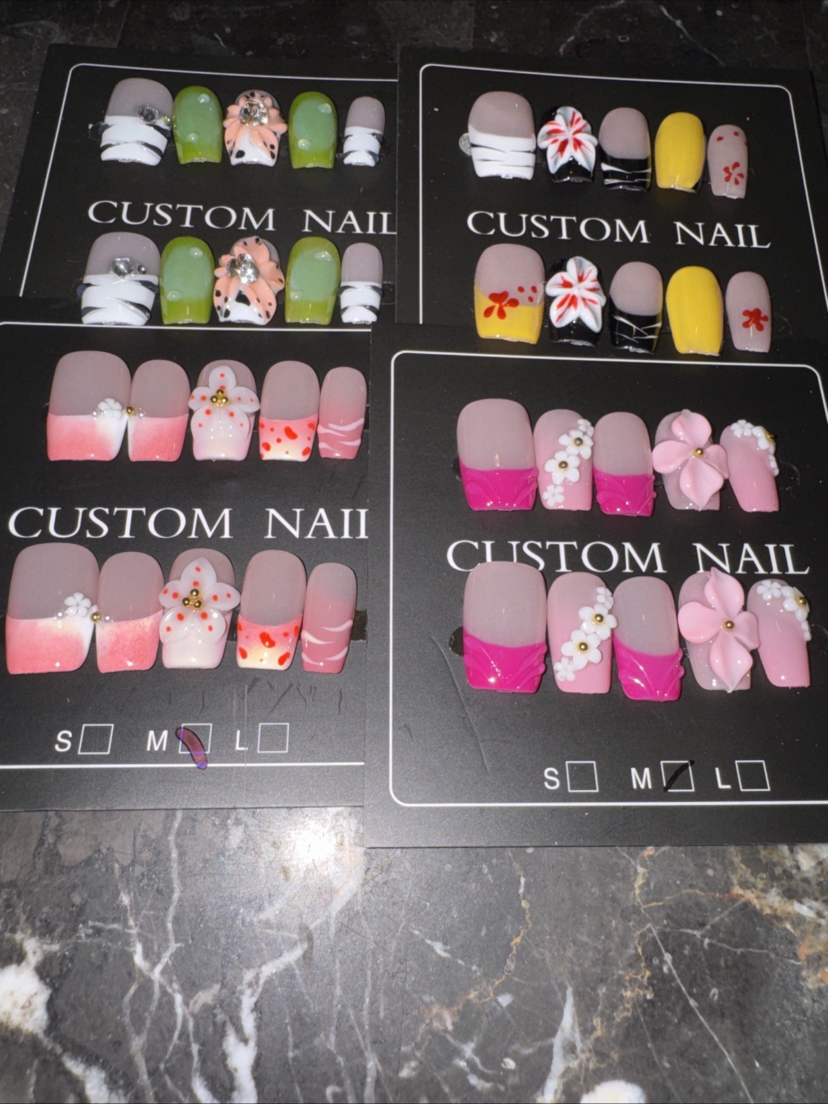 Handmade Short Square Press On Nails Medium 3D Flower French Tip Variety Bundle