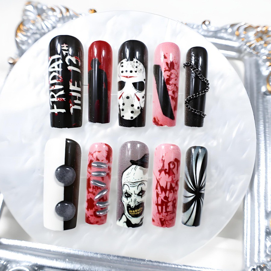 48Pcs-Long Coffin Horror Movie Clown Mask Blood Chain Fake Press on Nails Set