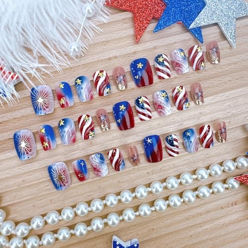 30Pcs 4th of July Press on Nails – Short Square Fake Nails – 4th of July-20