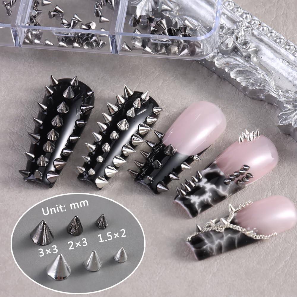 3D Mini Metal Punk Nail Art Studs Mixed Sizes Silver Black Cone Spike Metalli…