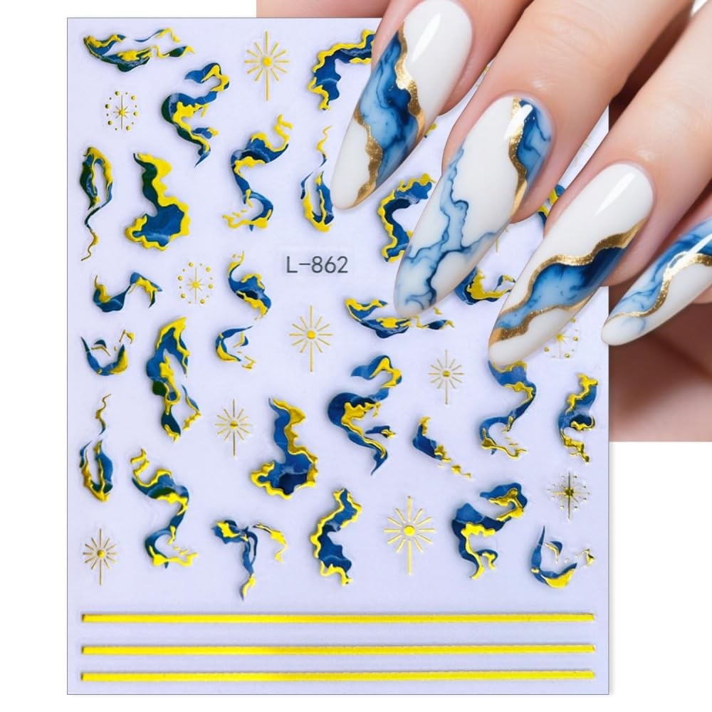 Gold Nail Stickers Colorful Wave Line Nail Decals Marble Nail Designs Ribbon …