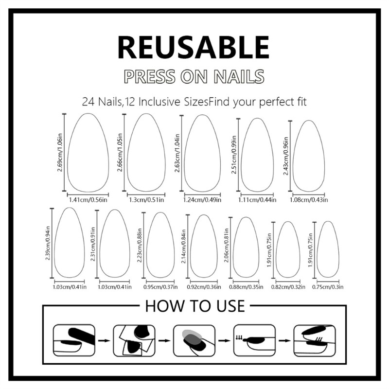 24 Pieces Short Length Almond Press On Nail Glitters Star Designs French Tip