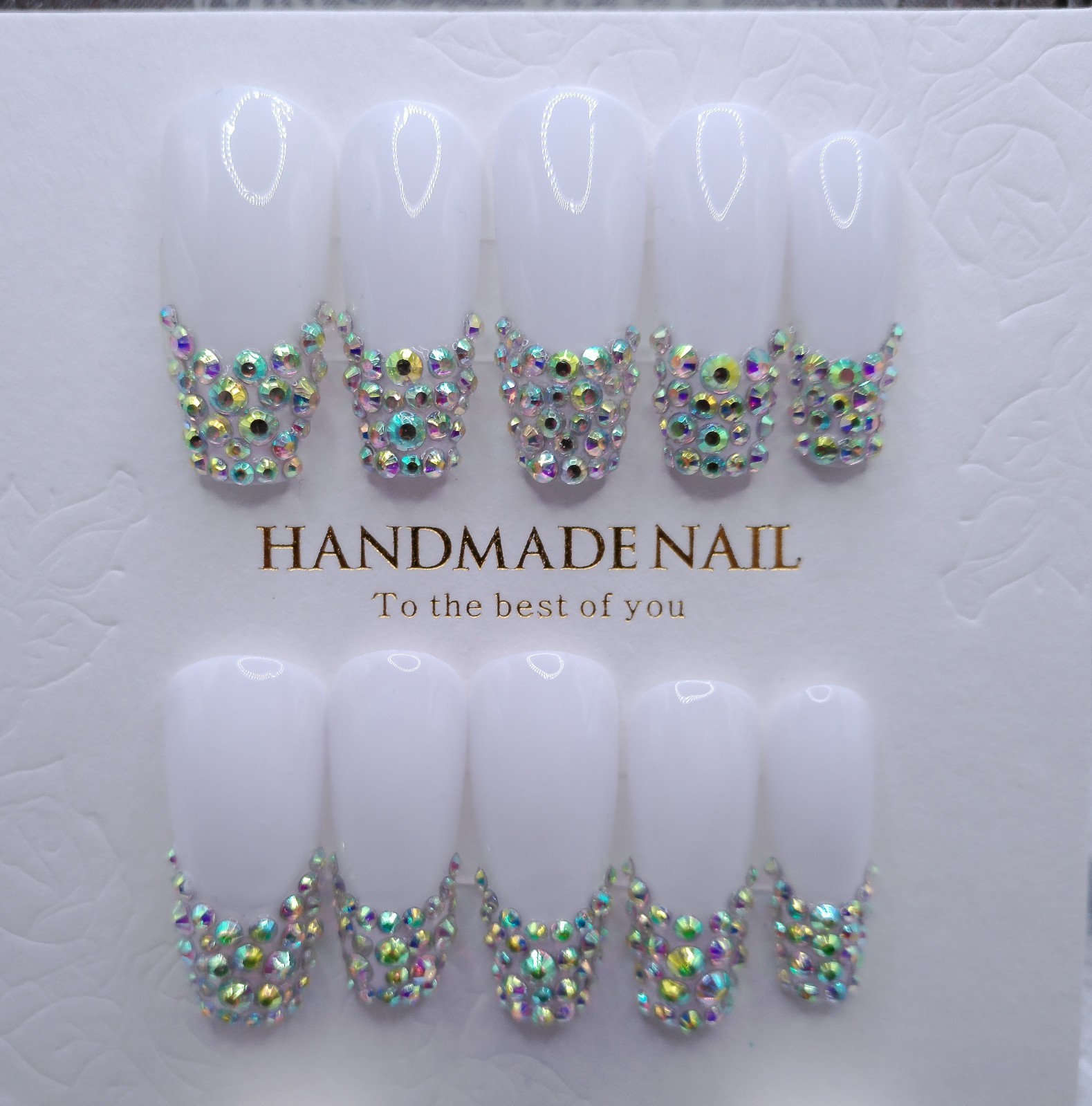 Long Coffin Press-On Nails, White with Aurora Gems – Large