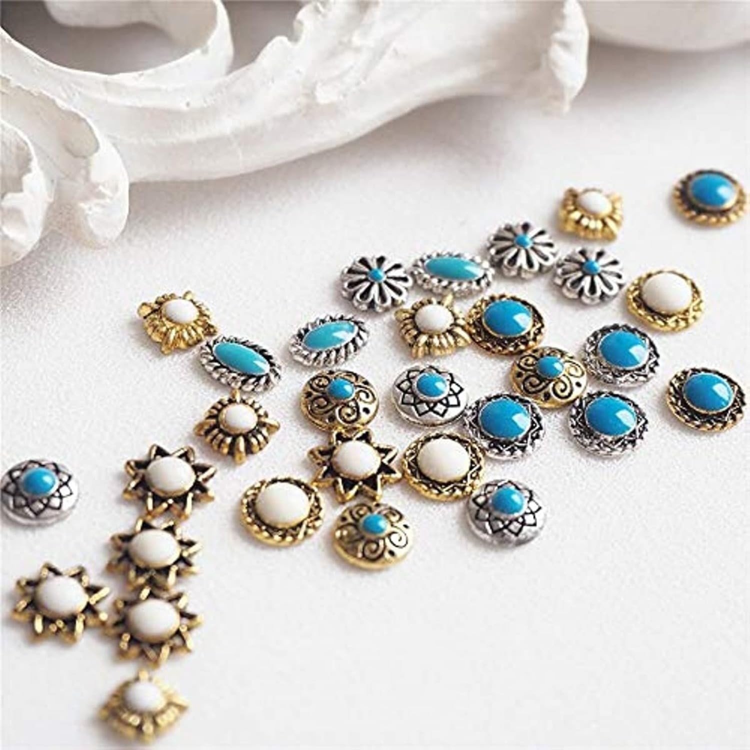 Turquoise Totem Flower Nail Charms – DIY Retro Western Nail Art Decorations 5…