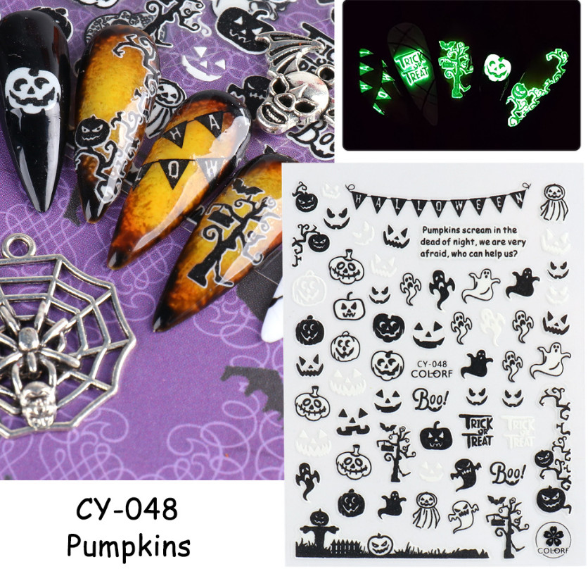 6Pc Adhesive Luminous Nail Art Halloween Skull Ghost Pumpkin Spider Web Bat NS43