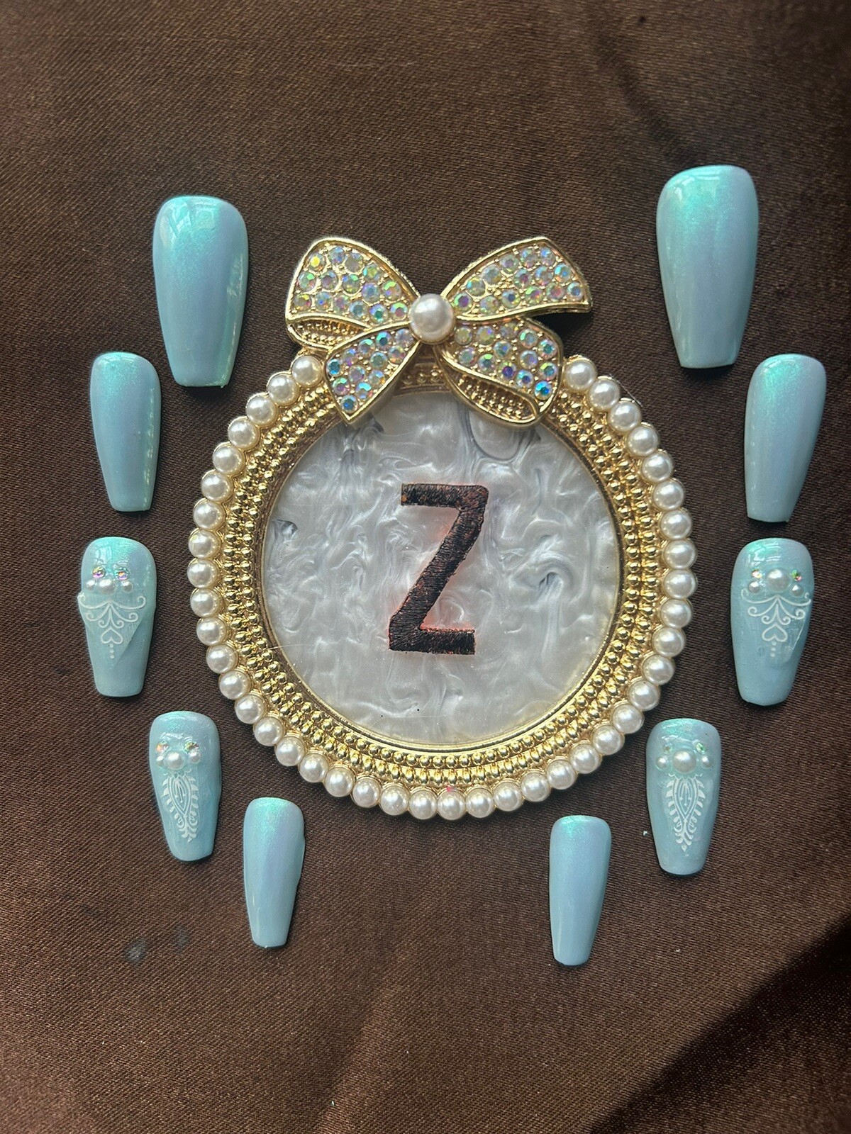 Z NAILZ! Dainty Blue Iridescent W/ Pearls & AB Stones, Decals Press On Nails.