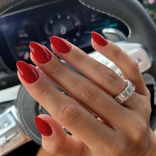 Red Press On Nails Short Oval, Short Fake Nails Acrylic Nails Press glossy red