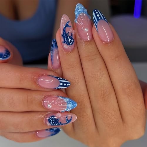 Summer Press on Nails – Short Almond Fake Nails with Shine Pearl Polka Blue Fish