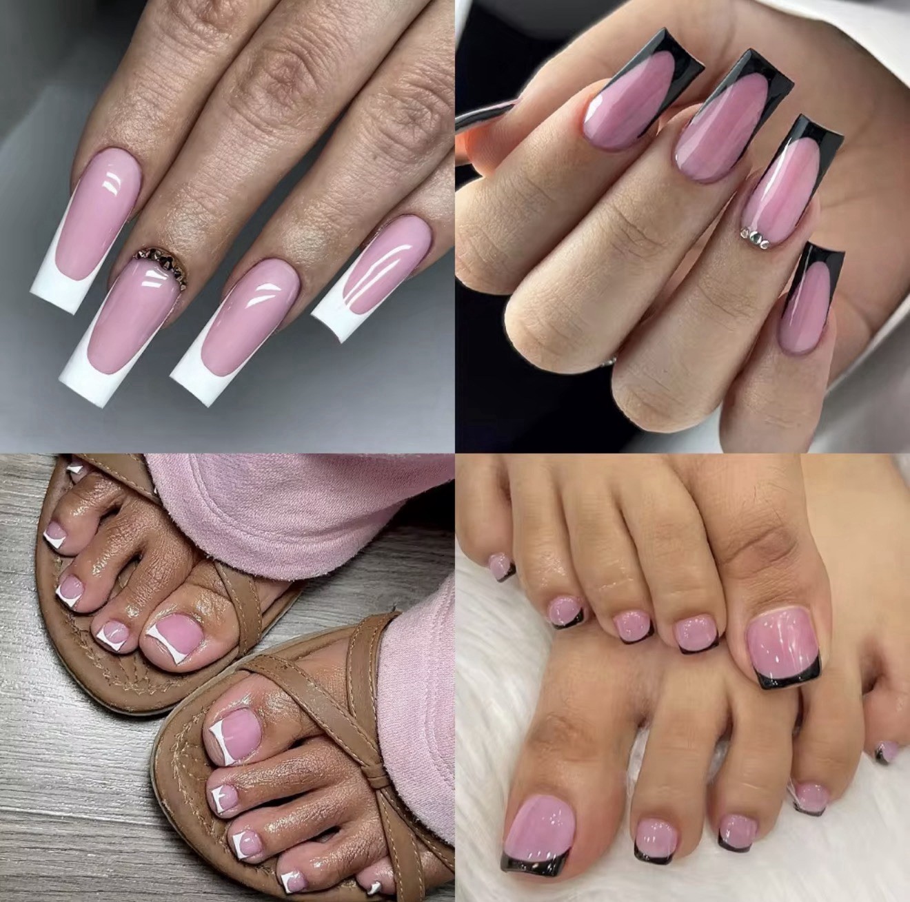 60PCS Pink Black French Tip Square Press-On Nails Full Cover for Fingers Toes