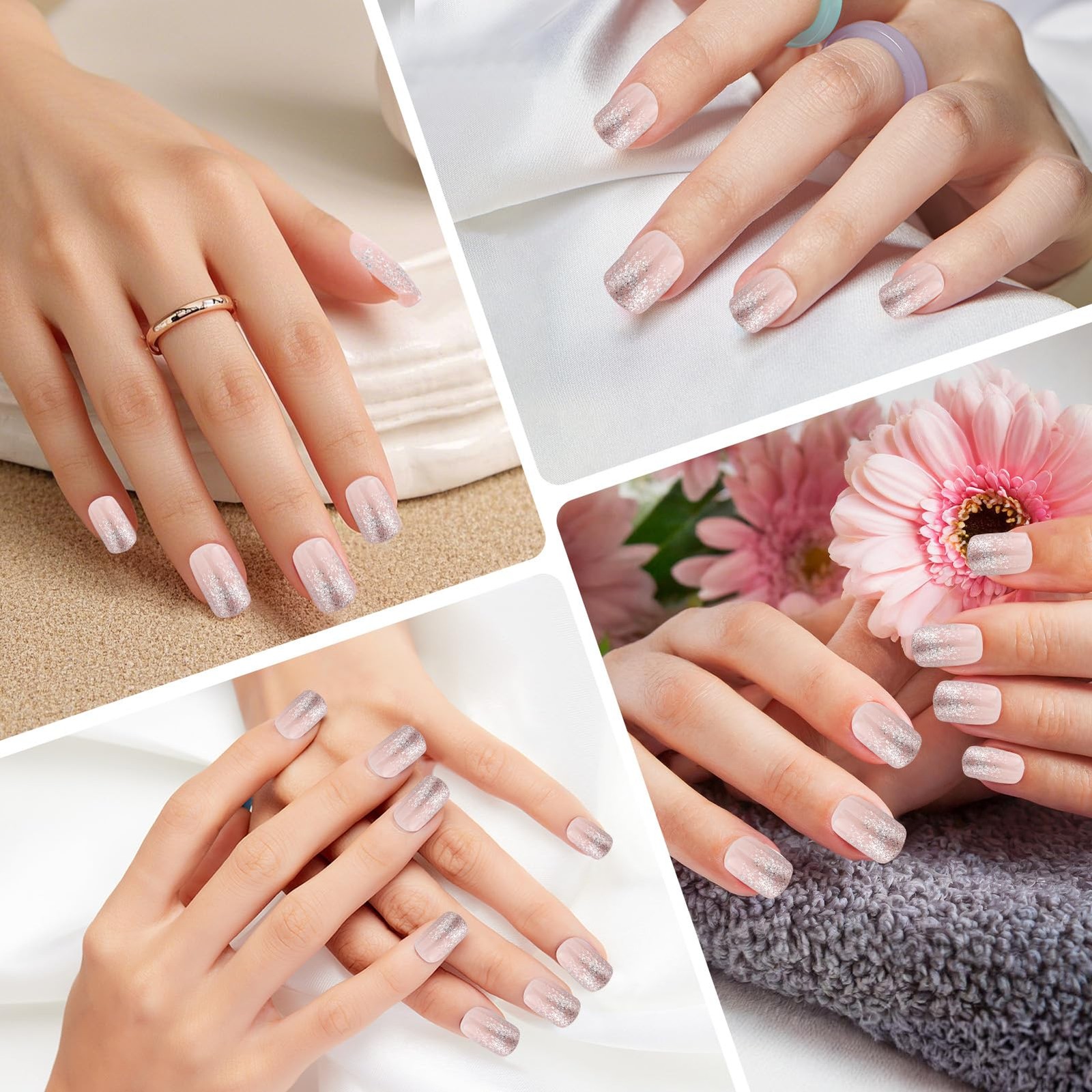 Silver Glitter French Tips Fake Nails, 24Pcs Pink Gradient Press on Nail, Spa…