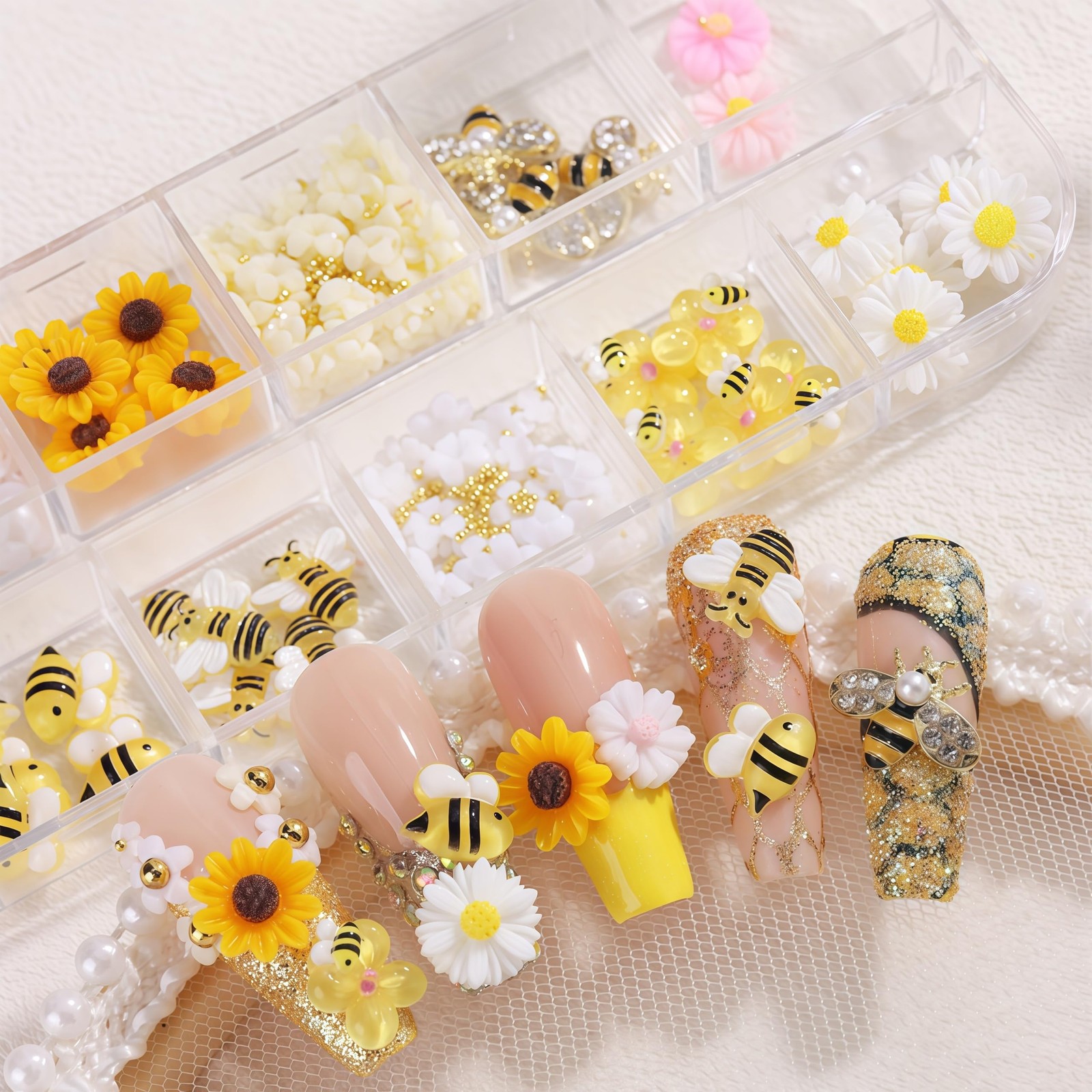 12 Grids Tiny Bee Nail Charms Resin Daisy Flower Nail Rhinestones 3D Gold All…