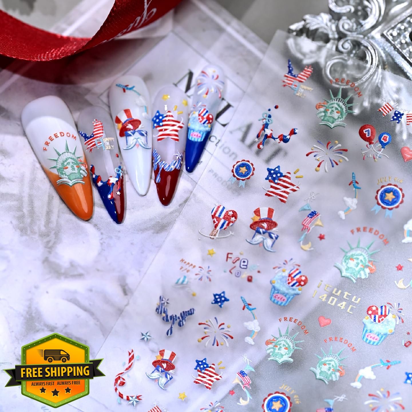 Quezadyl 3 Sheets 4th July Nail Stickers Independence Day Flag