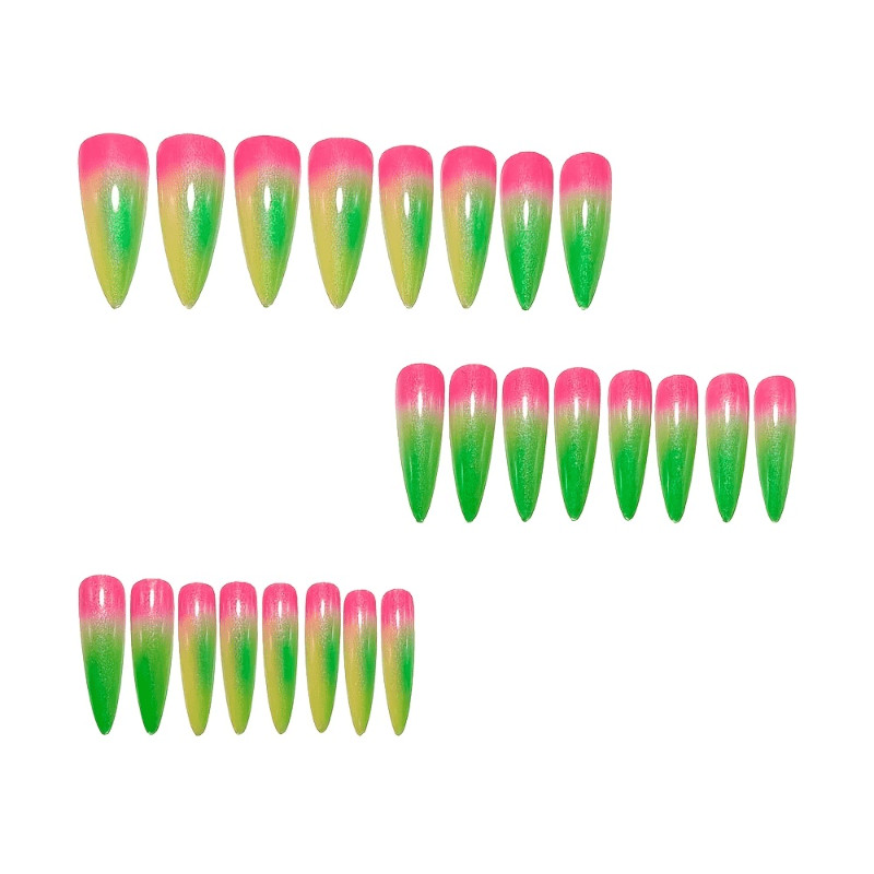 48Pcs-Long Stiletto Neon Pink Green Gradient Glitter Summer Party Press on Nails