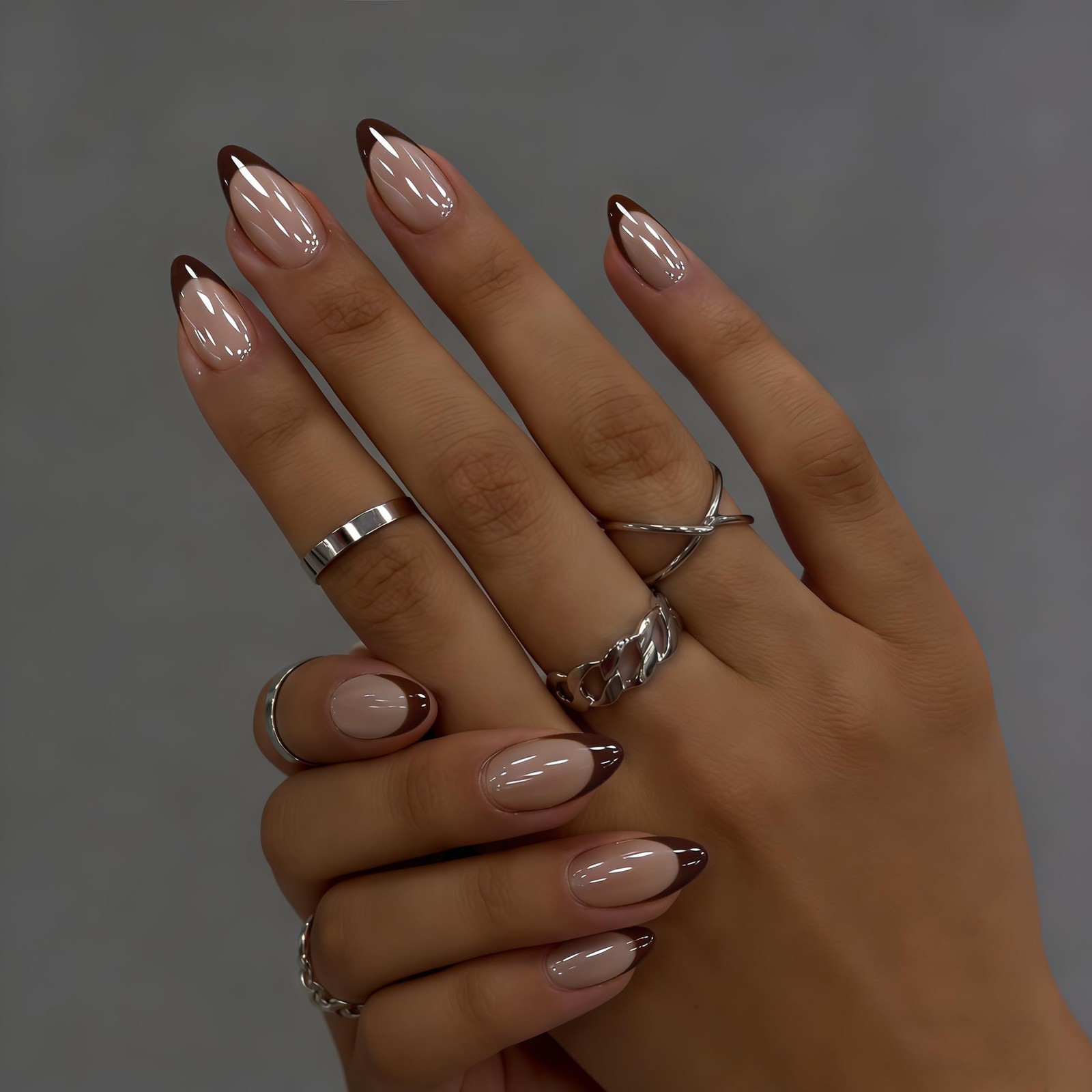 SXVME Chrome Brown French Tip Press on Nails Short Almond, Glazed Cute Fake N…