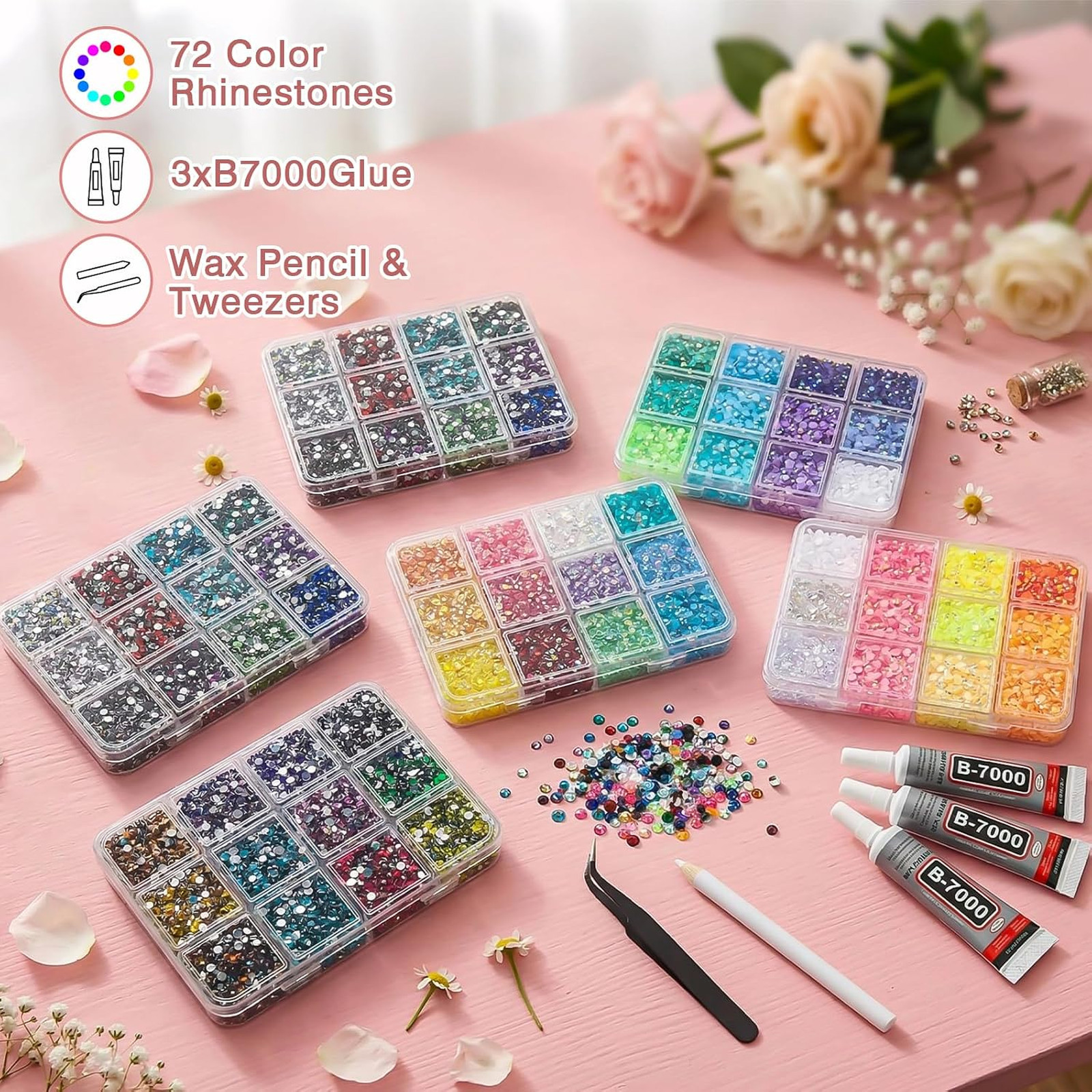 Resin Rhinestones Kit 72 Colors Flatback Gems for Nail Art Jewelry Crafts