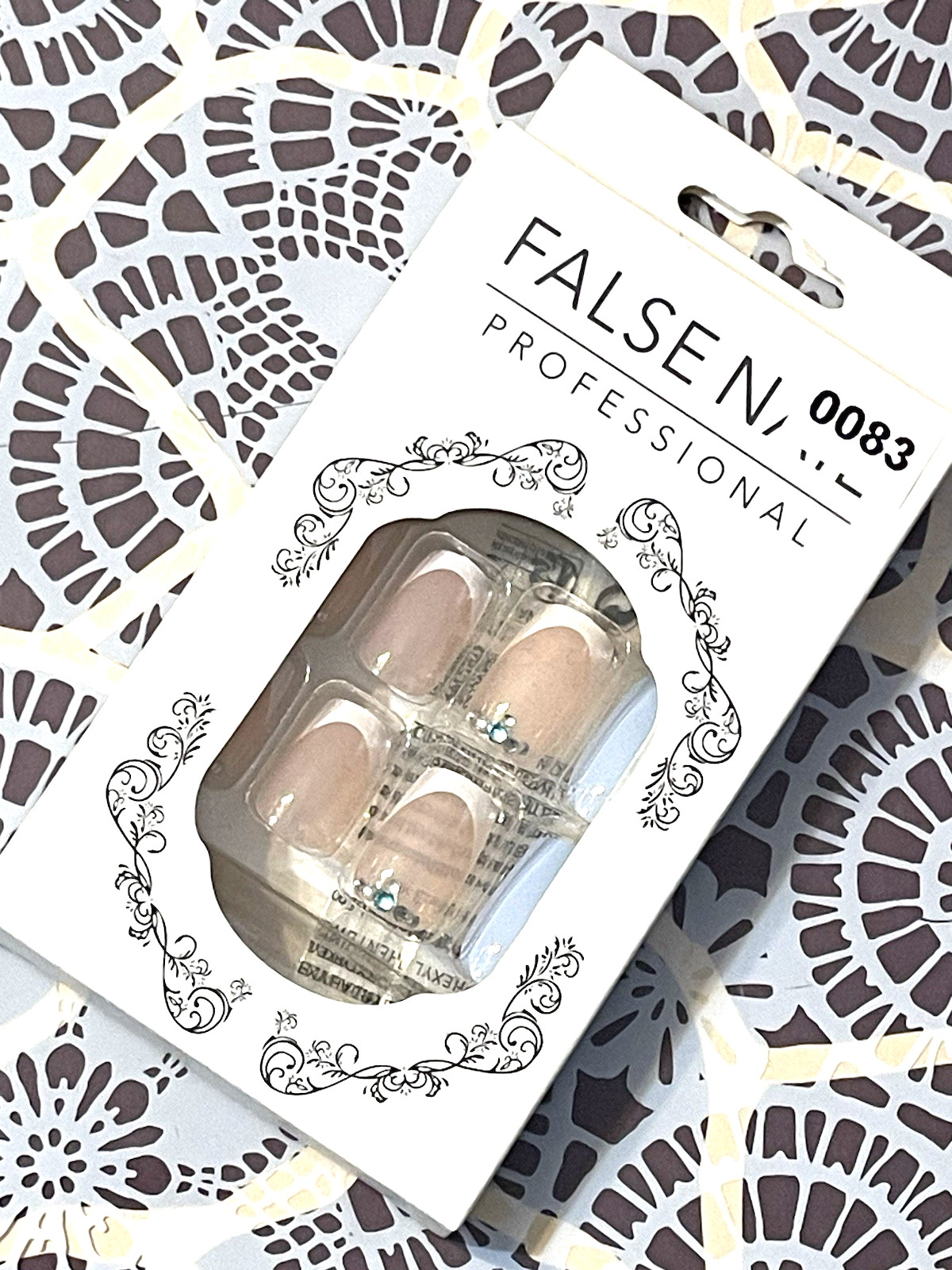 False Nail Professional NUDE SHEER WHITE FRENCH TIP with STONE DETAILS Press On