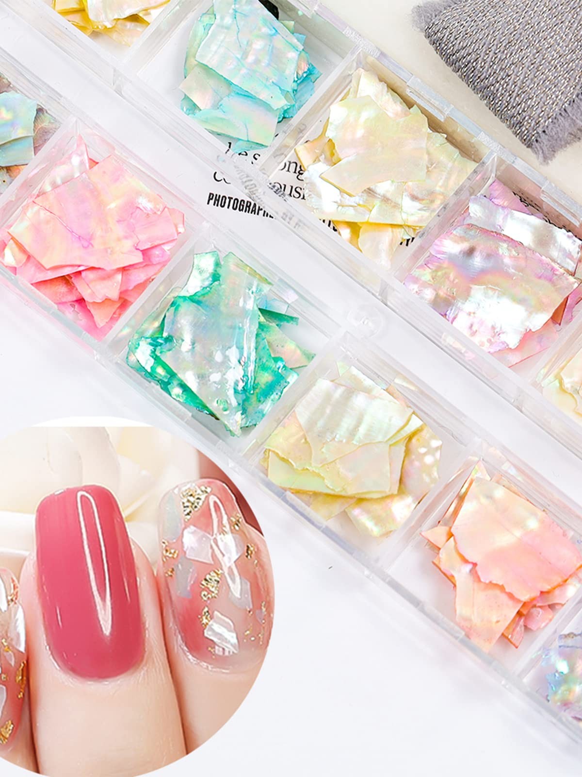 24 Grids Seashell Nail Art Nail Flakes, Irregular Abalone Seashell Slices for…