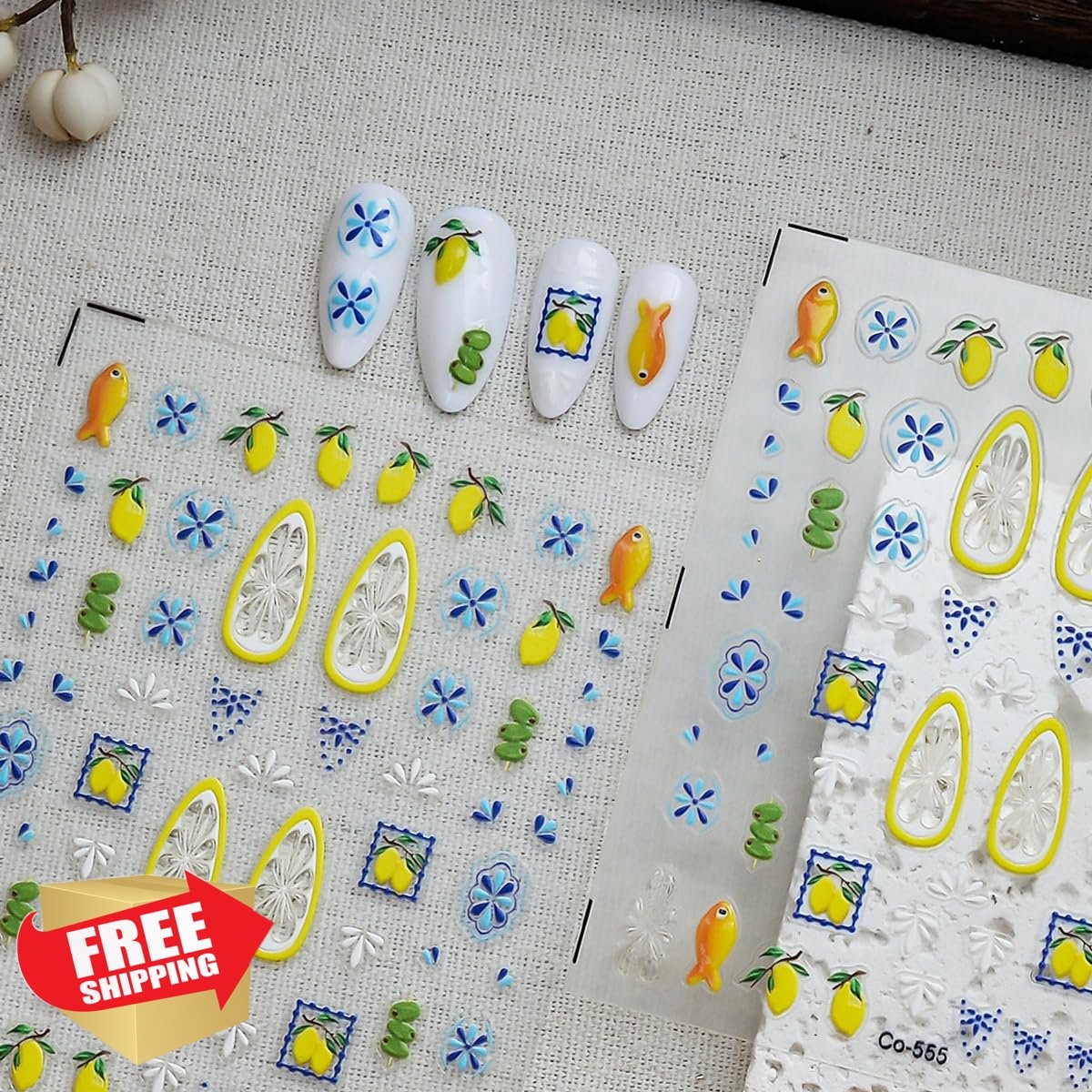 ZOAZJINAZ summer fruit nail stickers lemon fish blue yellow