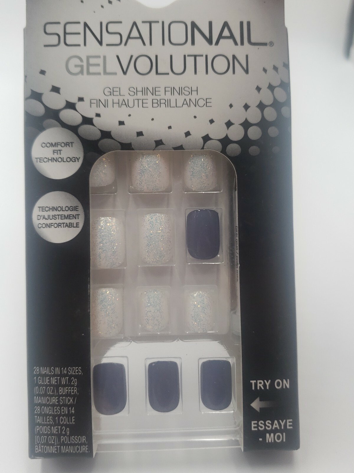 2 Sensationail Gelvolution Gel Shine Finish Press On Nails #72139 gray & white