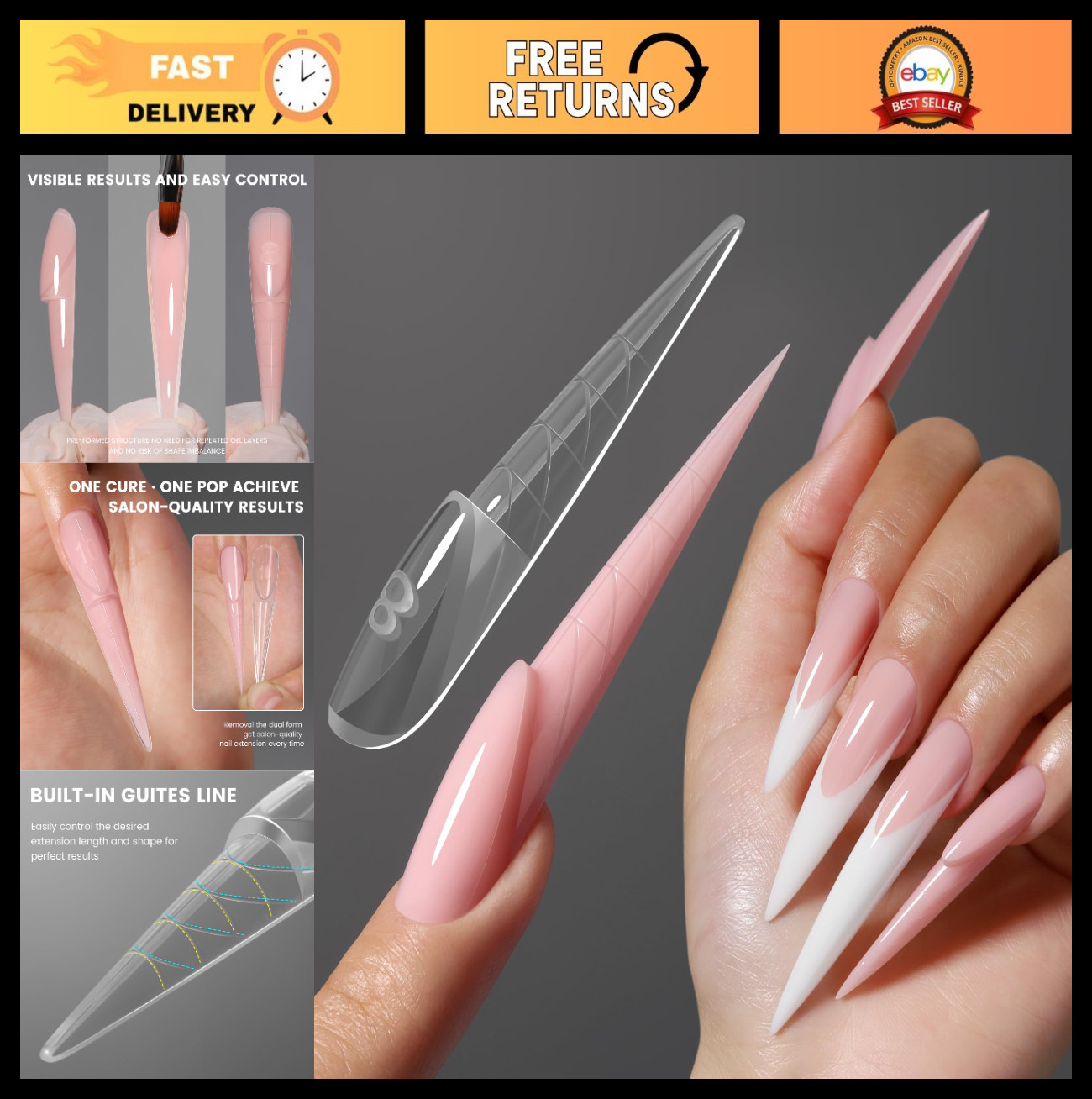 3D Reverse French Dual Forms – 150pcs Stiletto Nail Tips, 15 Sizes, Gel & Acryli