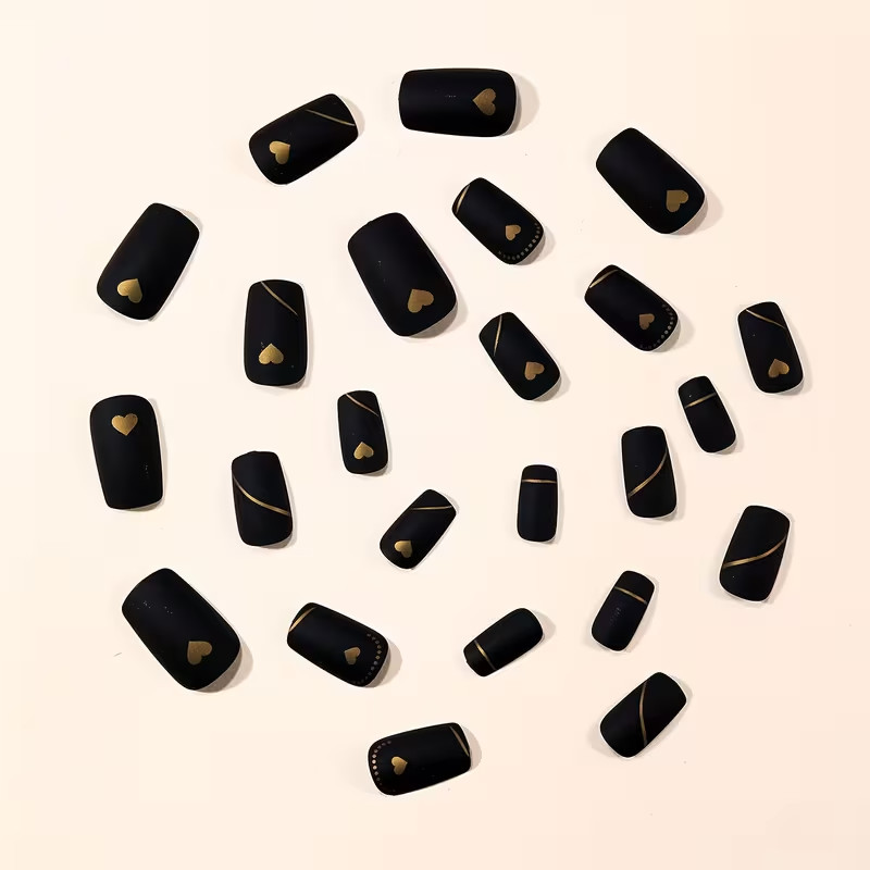 24pcs Black Matte Press-On Nails, Medium Square,with Gold Heart, Stripe, Elegant