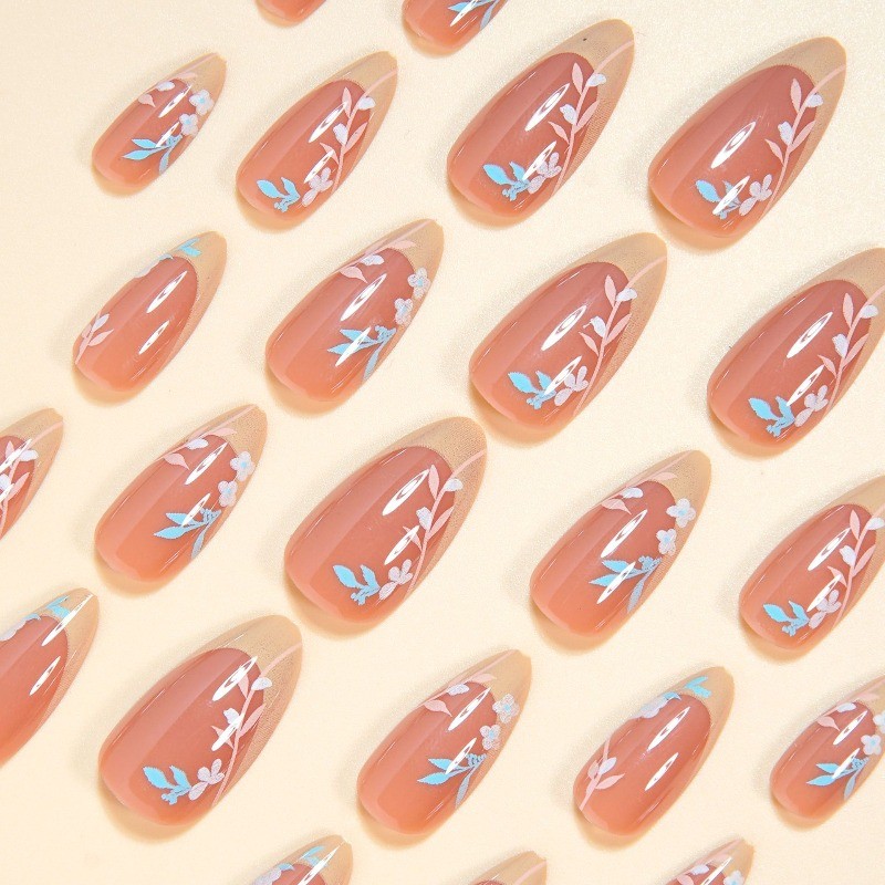48pcs-Nude Almond Press on Nails, Yellow French Tip with Painted Flower & Leaves